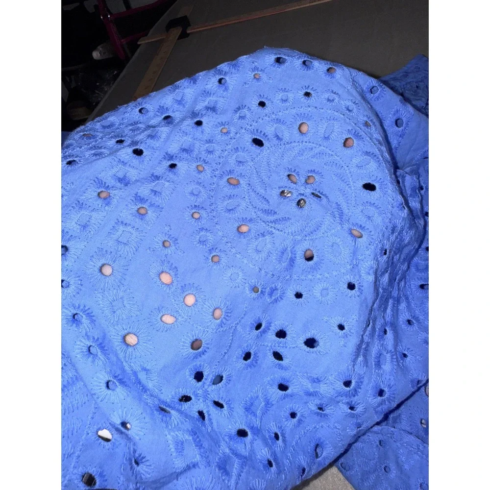 H&M Blue Eyelet Cotton V-Neck Blouse Long Sleeve Embroidered Top